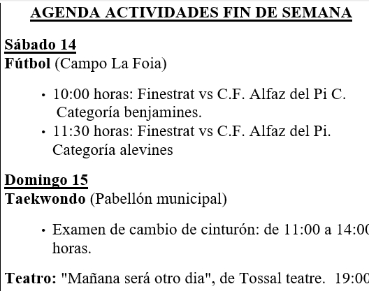 FINESTRAT.- AGENDA FIN DE&nbsp;SEMANA